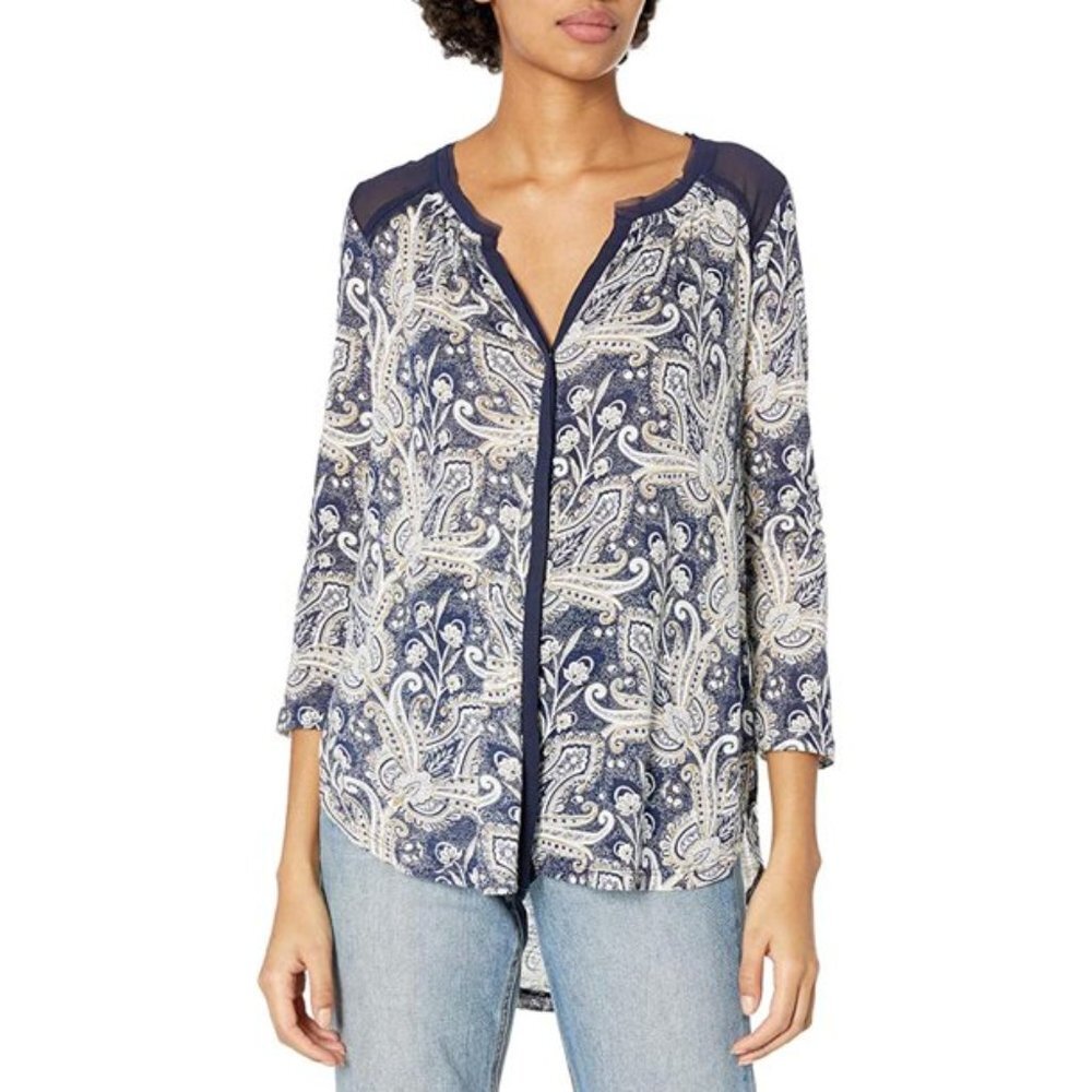 Lucky Brand Printed Woven Mix Top Button Front Navy Size Medium M EUC L1448
